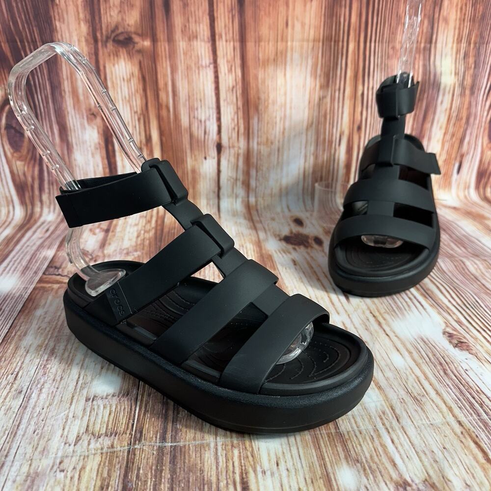 Crocs BROOKLYN LUXE Womens Size 6 Black Gladiator Wedge Sandals Open Toe Shoes